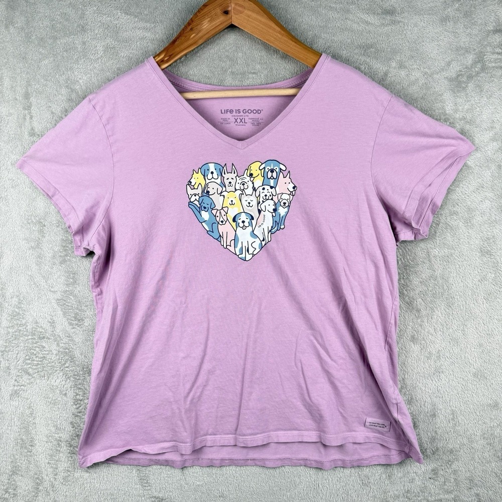 Life Is Good Womens 2XL Crusher Lite V-Neck T-Shirt Purple Dogs Heart Graphic